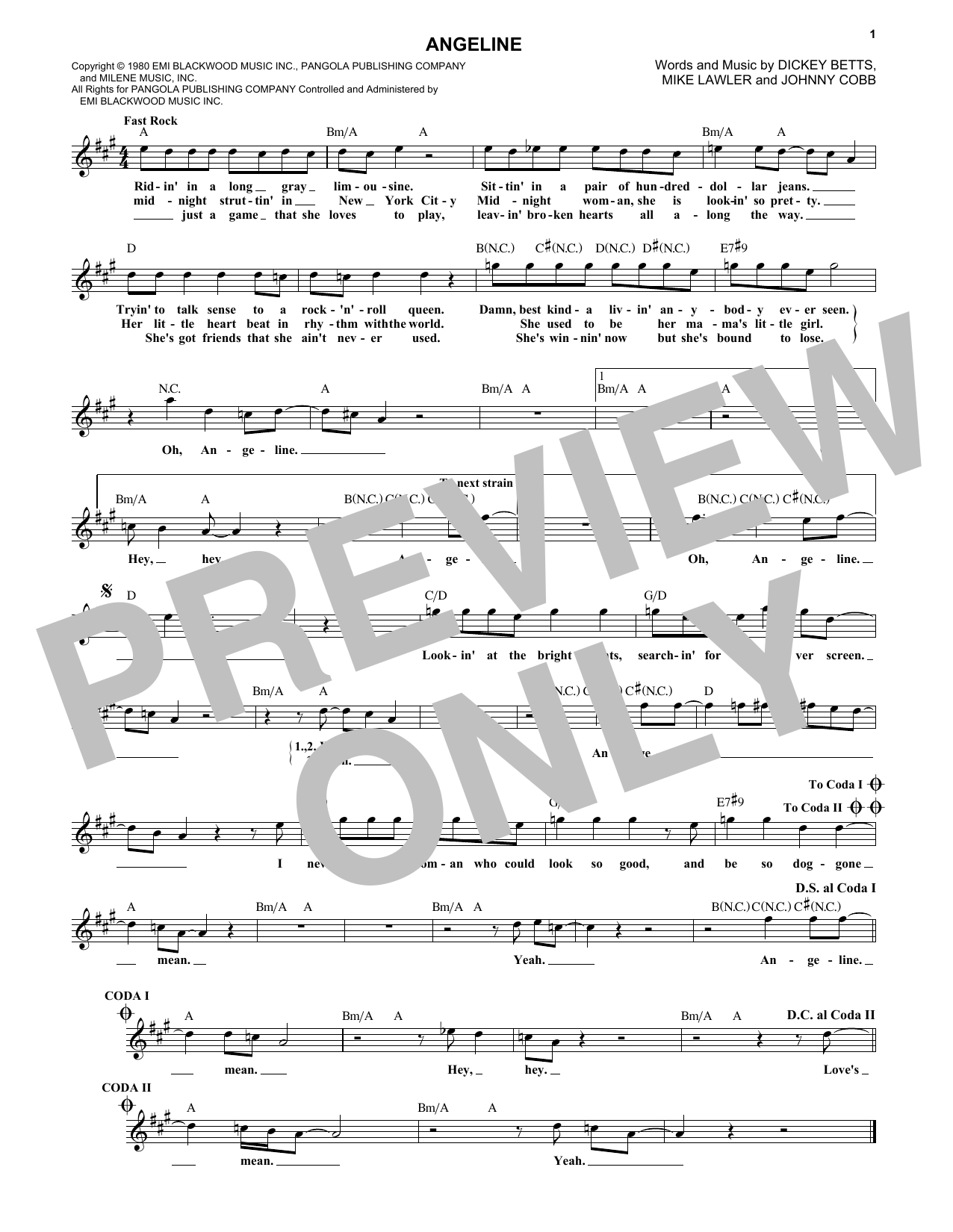 The Allman Brothers Band Angeline Sheet Music Notes & Chords for Melody Line, Lyrics & Chords - Download or Print PDF