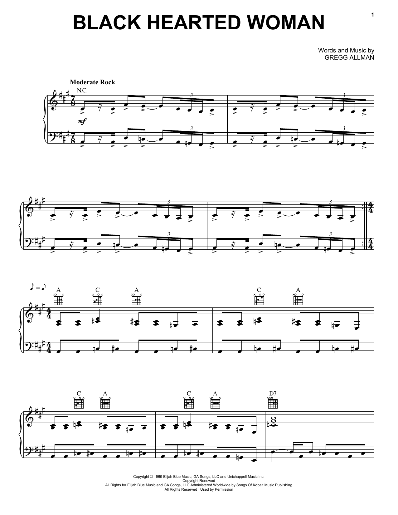 The Allman Brothers Band Black Hearted Woman Sheet Music Notes & Chords for Piano, Vocal & Guitar (Right-Hand Melody) - Download or Print PDF