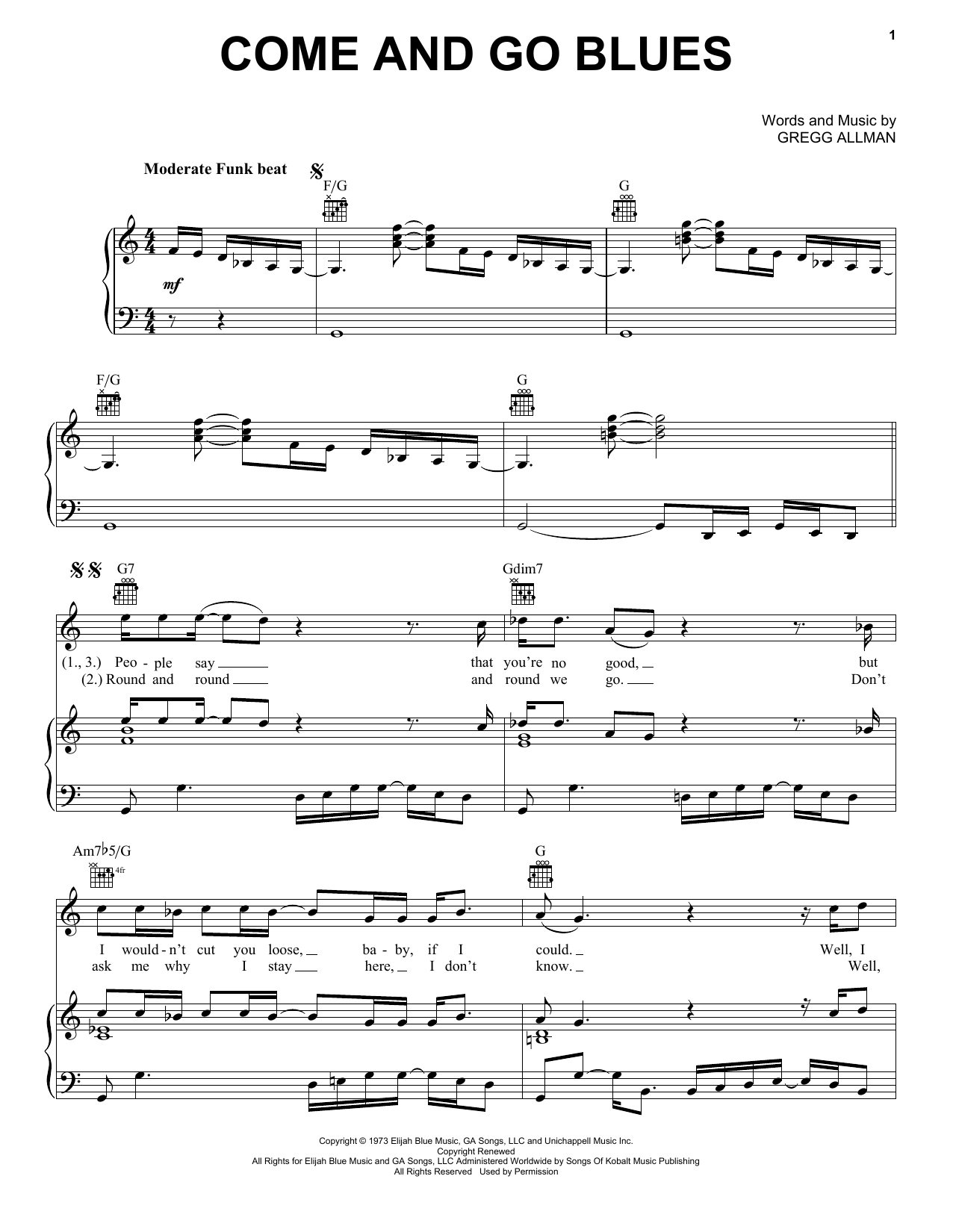 The Allman Brothers Band Come And Go Blues Sheet Music Notes & Chords for Piano, Vocal & Guitar (Right-Hand Melody) - Download or Print PDF