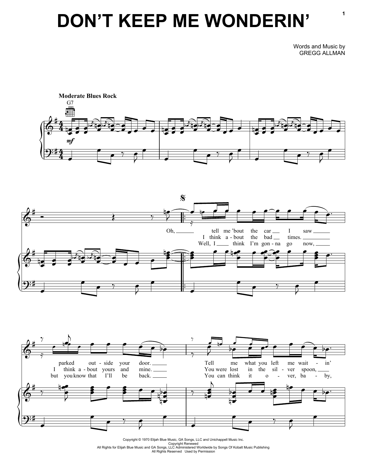 The Allman Brothers Band Don't Keep Me Wonderin' Sheet Music Notes & Chords for Piano, Vocal & Guitar (Right-Hand Melody) - Download or Print PDF