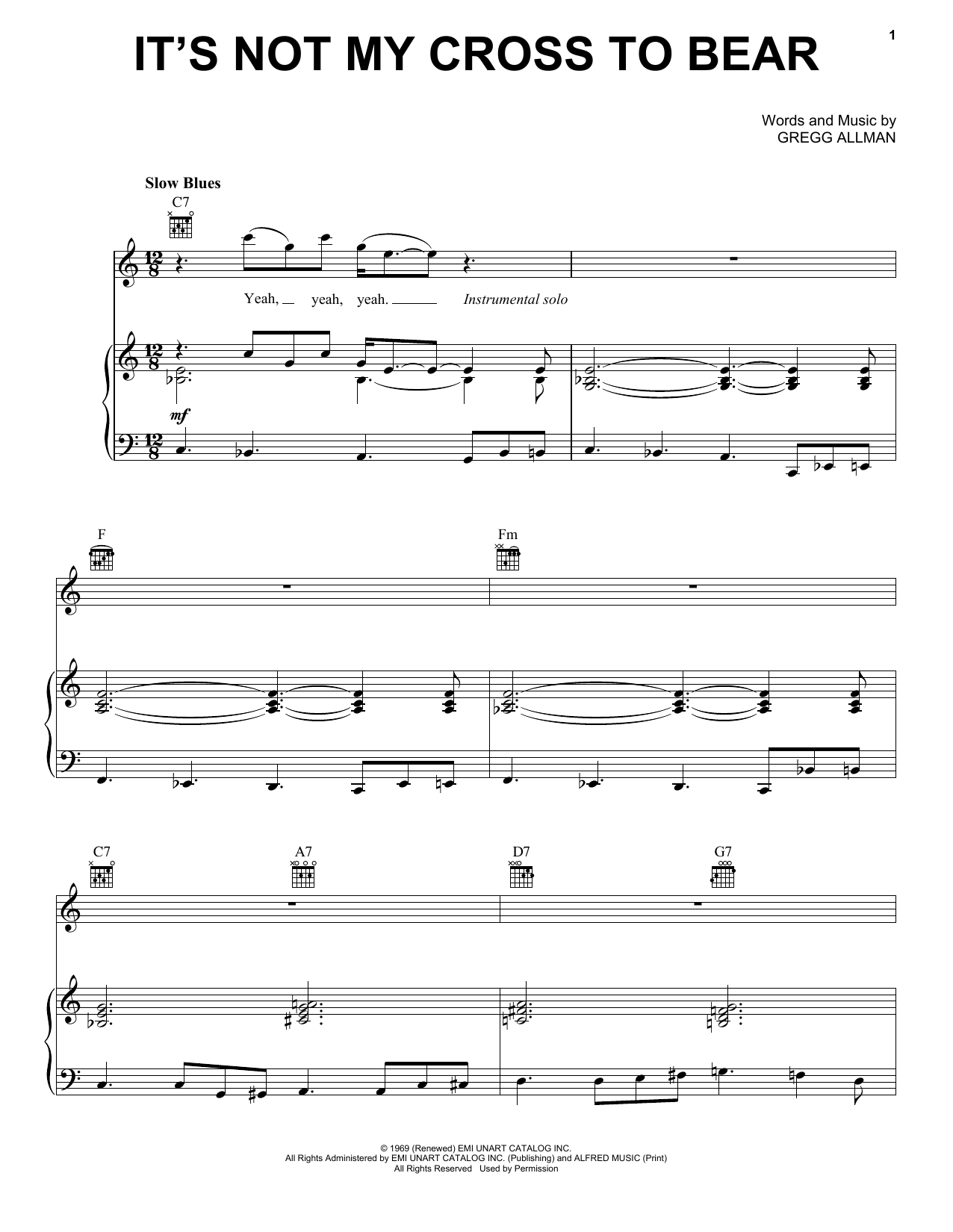 The Allman Brothers Band It's Not My Cross To Bear Sheet Music Notes & Chords for Piano, Vocal & Guitar (Right-Hand Melody) - Download or Print PDF