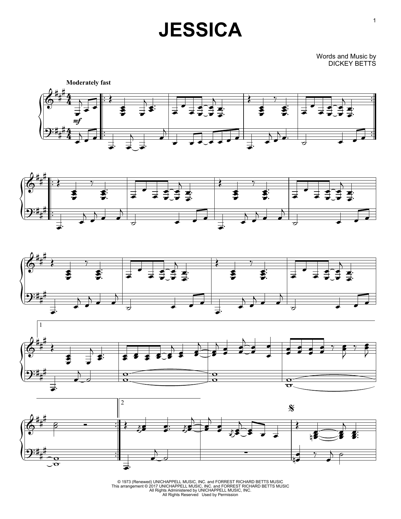 The Allman Brothers Band Jessica Sheet Music Notes & Chords for Easy Bass Tab - Download or Print PDF
