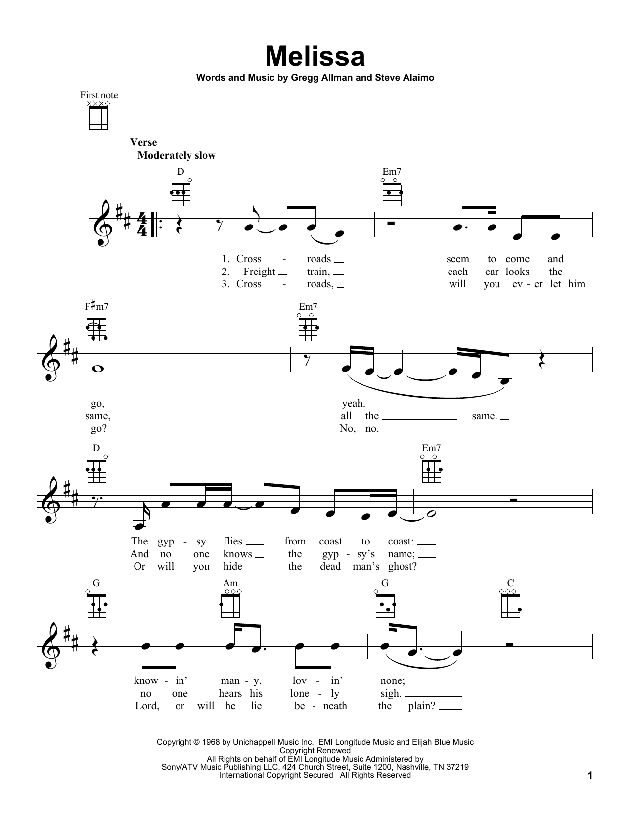 The Allman Brothers Band Melissa Sheet Music Notes & Chords for Ukulele - Download or Print PDF