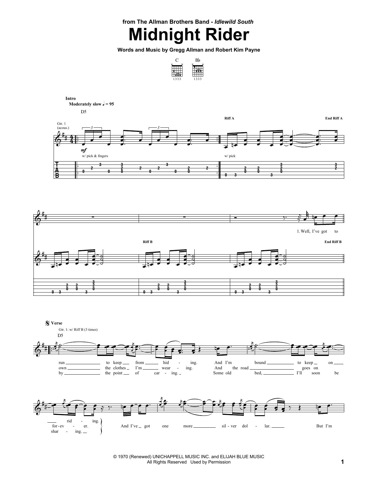 The Allman Brothers Band Midnight Rider Sheet Music Notes & Chords for Really Easy Guitar - Download or Print PDF