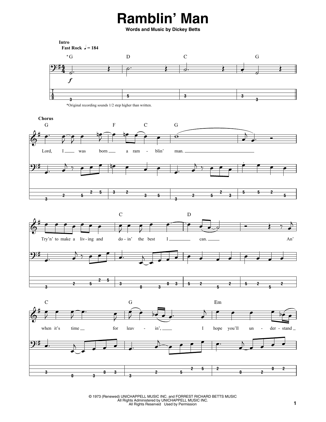 The Allman Brothers Band Ramblin' Man Sheet Music Notes & Chords for Really Easy Guitar - Download or Print PDF