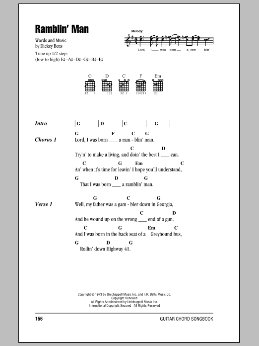 The Allman Brothers Band Ramblin' Man Sheet Music Notes & Chords for Bass Guitar Tab - Download or Print PDF