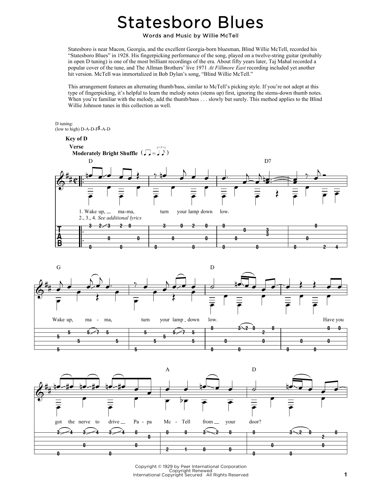 The Allman Brothers Band Statesboro Blues Sheet Music Notes & Chords for Real Book – Melody, Lyrics & Chords - Download or Print PDF
