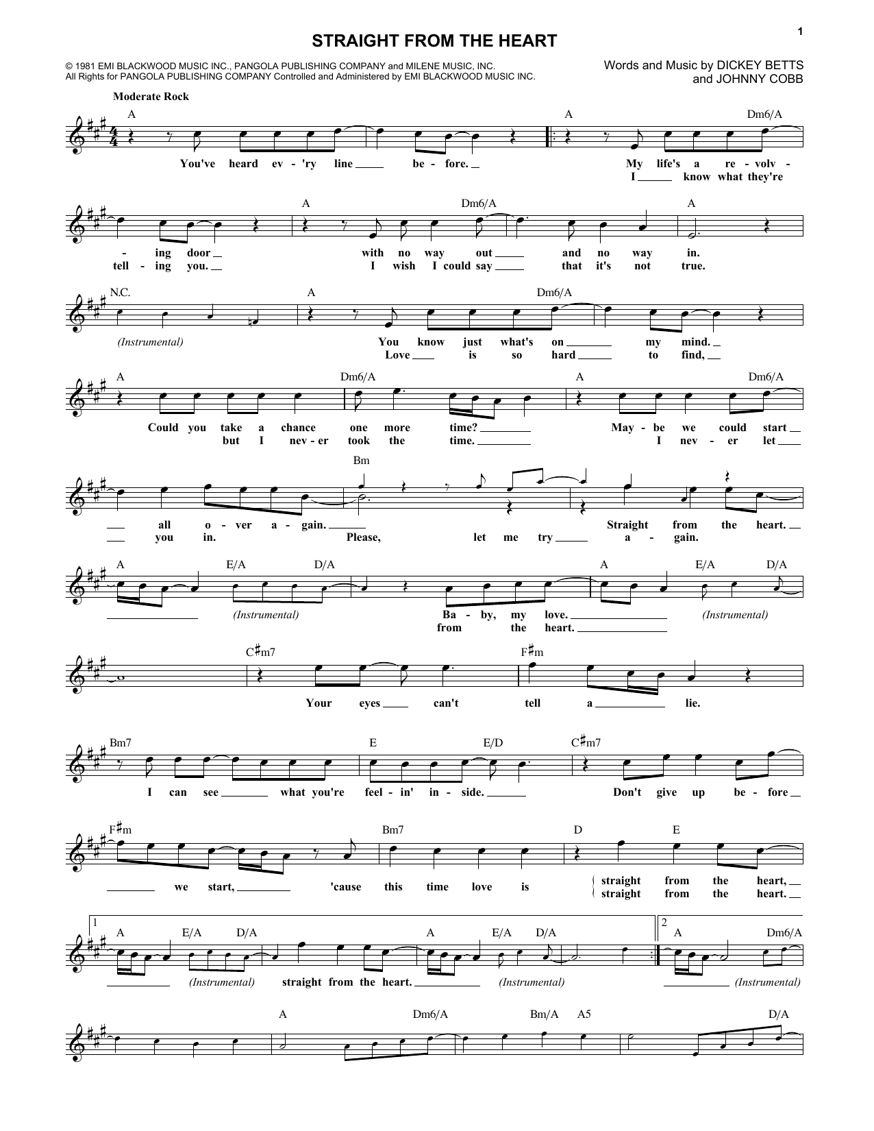 The Allman Brothers Band Straight From The Heart Sheet Music Notes & Chords for Melody Line, Lyrics & Chords - Download or Print PDF