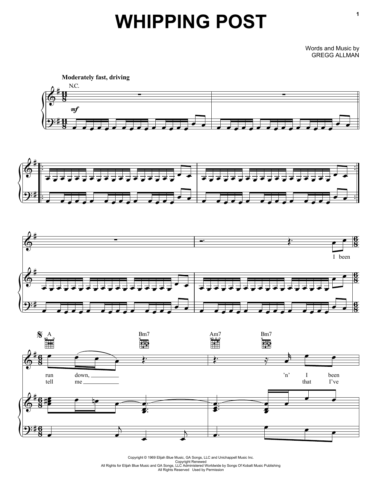 The Allman Brothers Band Whipping Post Sheet Music Notes & Chords for Piano, Vocal & Guitar (Right-Hand Melody) - Download or Print PDF