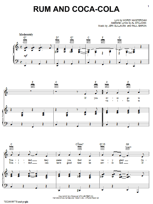 Morey Amsterdam Rum And Coca Cola Sheet Music Notes & Chords for Melody Line, Lyrics & Chords - Download or Print PDF