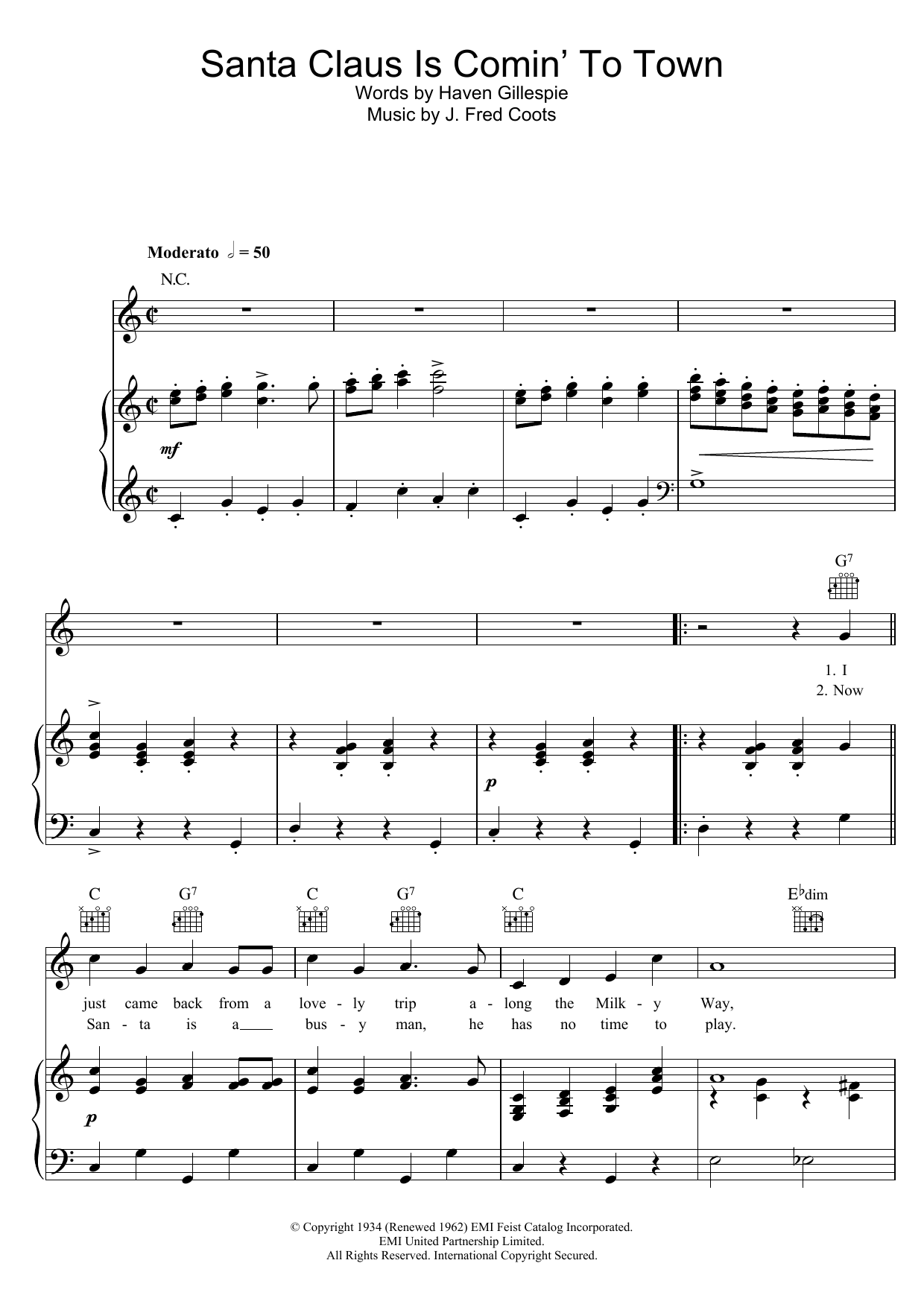 The Andrews Sisters Santa Claus Is Comin' To Town Sheet Music Notes & Chords for Piano, Vocal & Guitar (Right-Hand Melody) - Download or Print PDF