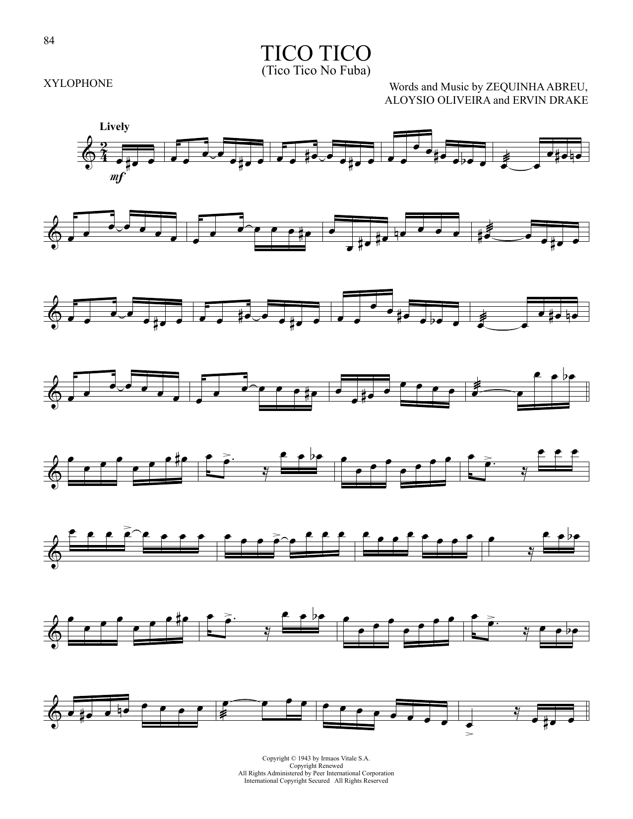 The Andrews Sisters Tico Tico (Tico Tico No Fuba) Sheet Music Notes & Chords for Xylophone Solo - Download or Print PDF