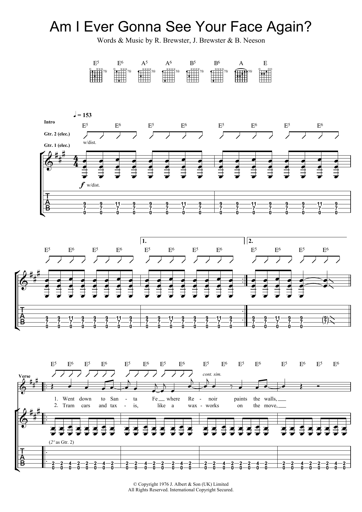The Angels Am I Ever Going To See Your Face Again Sheet Music Notes & Chords for Guitar Tab - Download or Print PDF