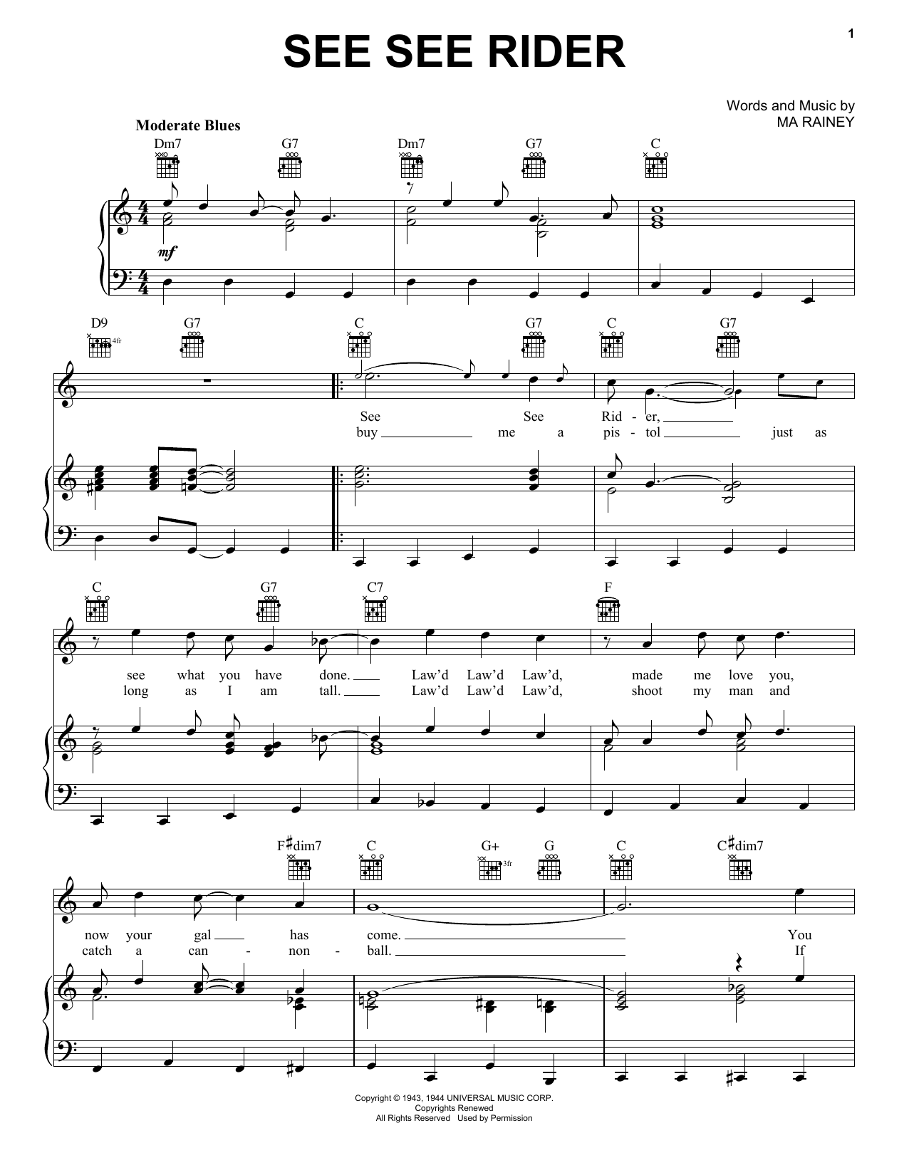 The Animals See See Rider Sheet Music Notes & Chords for Piano, Vocal & Guitar (Right-Hand Melody) - Download or Print PDF