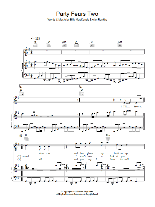 The Associates Party Fears Two Sheet Music Notes & Chords for Piano, Vocal & Guitar - Download or Print PDF