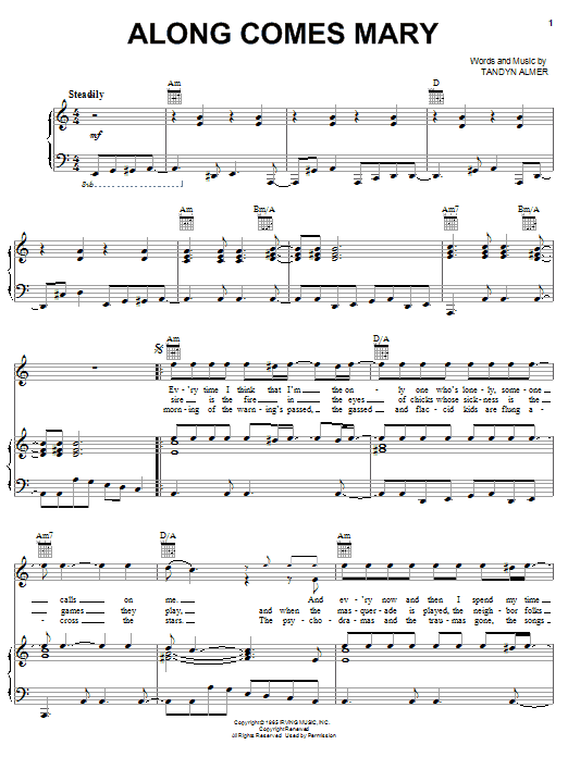 The Association Along Comes Mary Sheet Music Notes & Chords for Piano, Vocal & Guitar (Right-Hand Melody) - Download or Print PDF