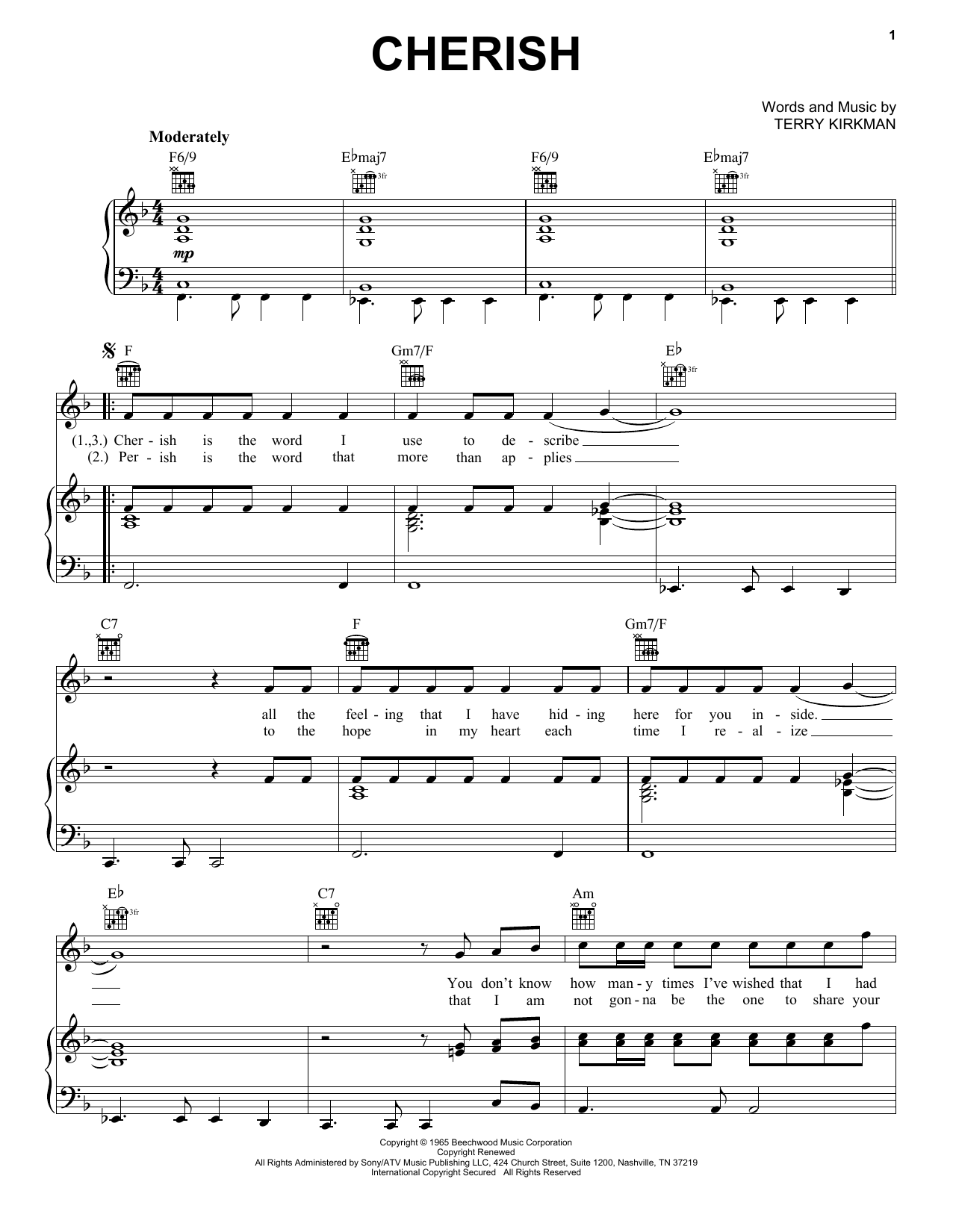 The Association Cherish Sheet Music Notes & Chords for Melody Line, Lyrics & Chords - Download or Print PDF