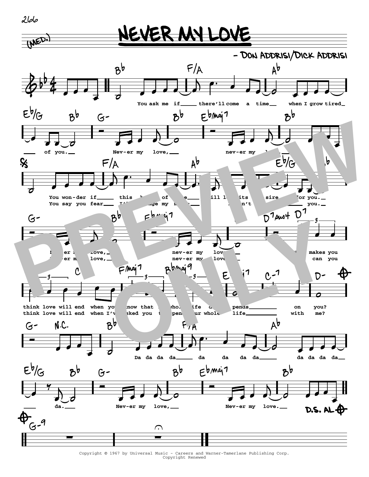 The Association Never My Love (Low Voice) Sheet Music Notes & Chords for Real Book – Melody, Lyrics & Chords - Download or Print PDF