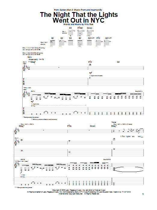 The Ataris The Night That The Lights Went Out In NYC Sheet Music Notes & Chords for Guitar Tab - Download or Print PDF