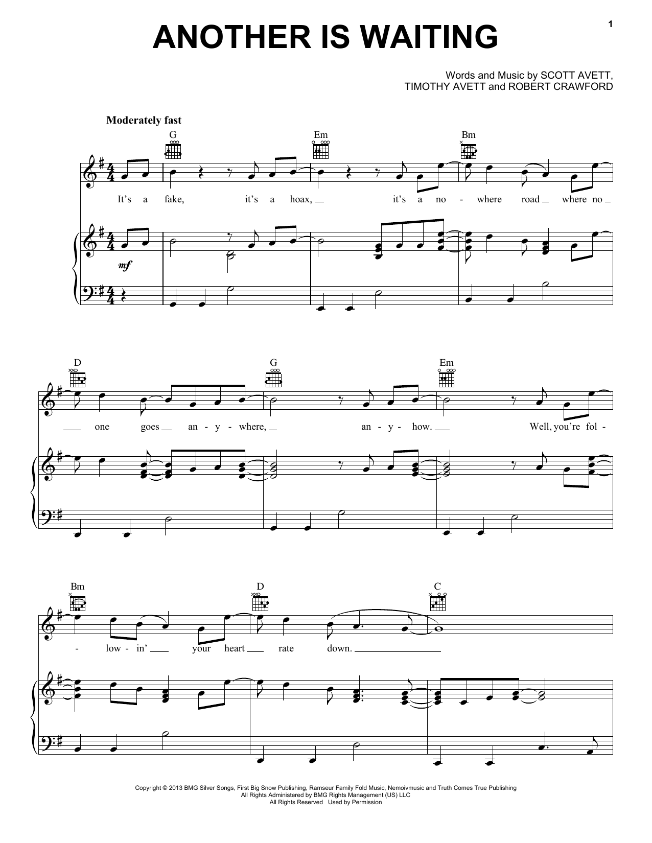 The Avett Brothers Another Is Waiting Sheet Music Notes & Chords for Piano, Vocal & Guitar (Right-Hand Melody) - Download or Print PDF
