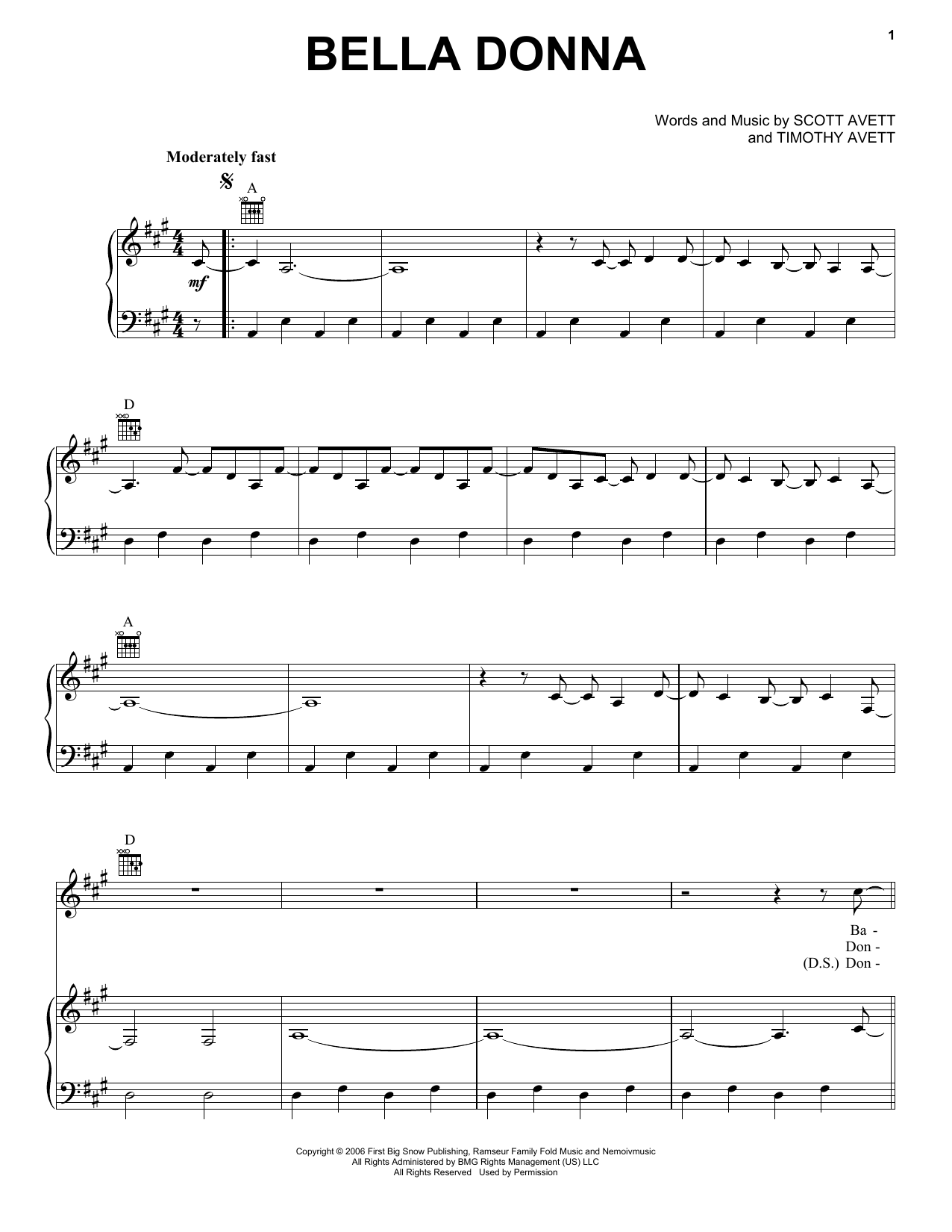 The Avett Brothers Bella Donna Sheet Music Notes & Chords for Piano, Vocal & Guitar (Right-Hand Melody) - Download or Print PDF