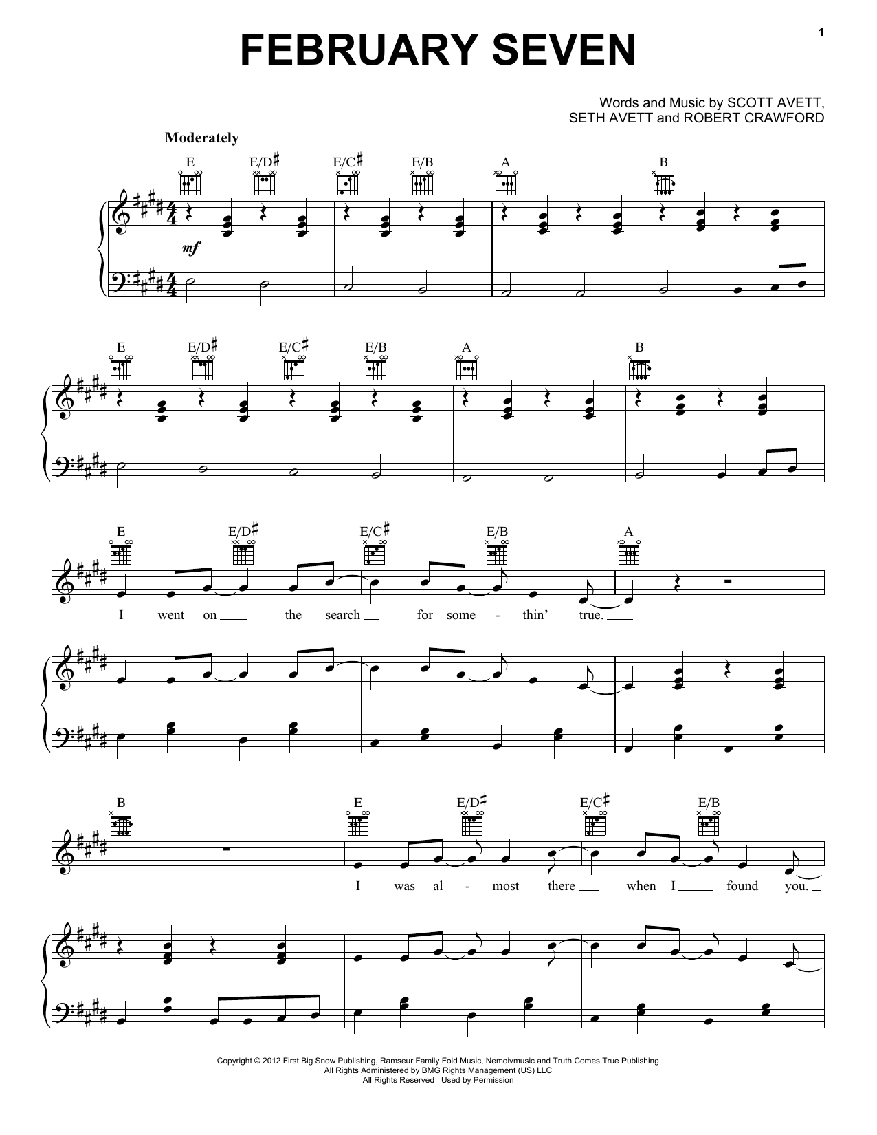 The Avett Brothers February Seven Sheet Music Notes & Chords for Piano, Vocal & Guitar (Right-Hand Melody) - Download or Print PDF