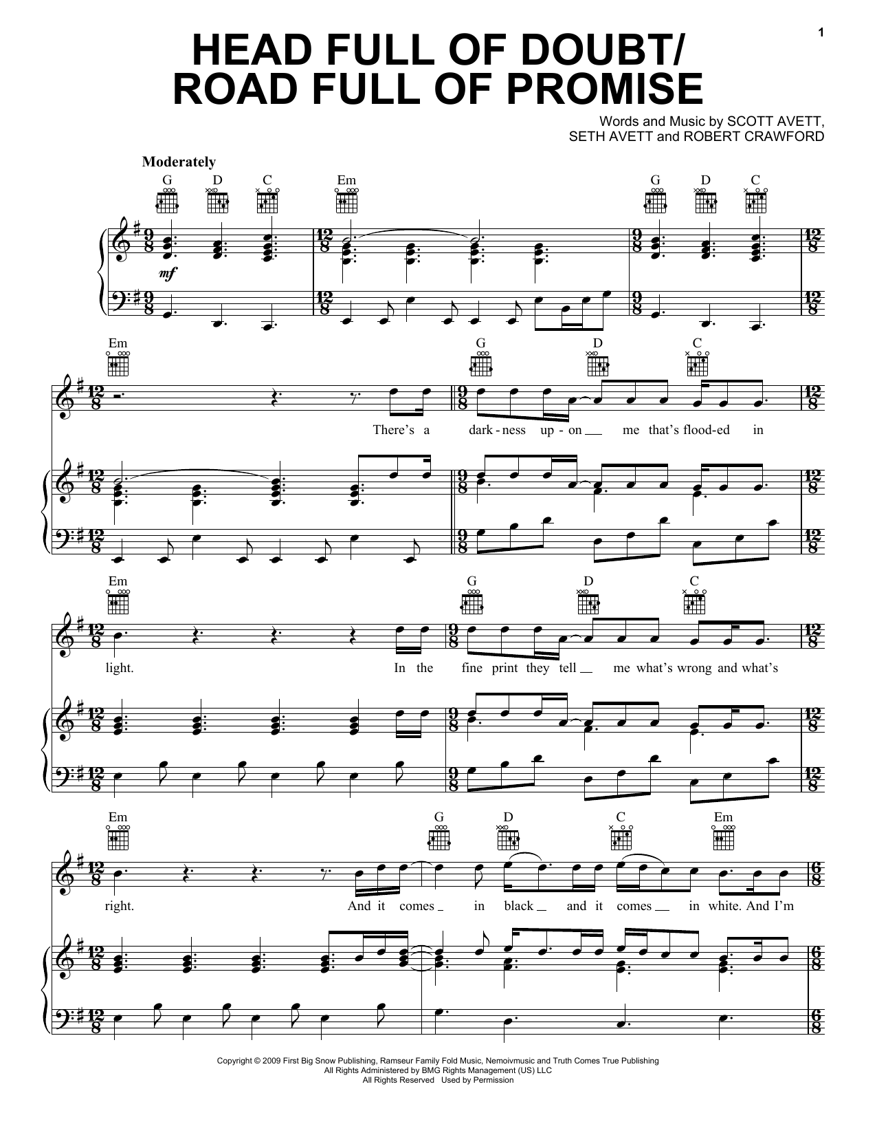 The Avett Brothers Head Full Of Doubt/Road Full Of Promise Sheet Music Notes & Chords for Piano, Vocal & Guitar (Right-Hand Melody) - Download or Print PDF