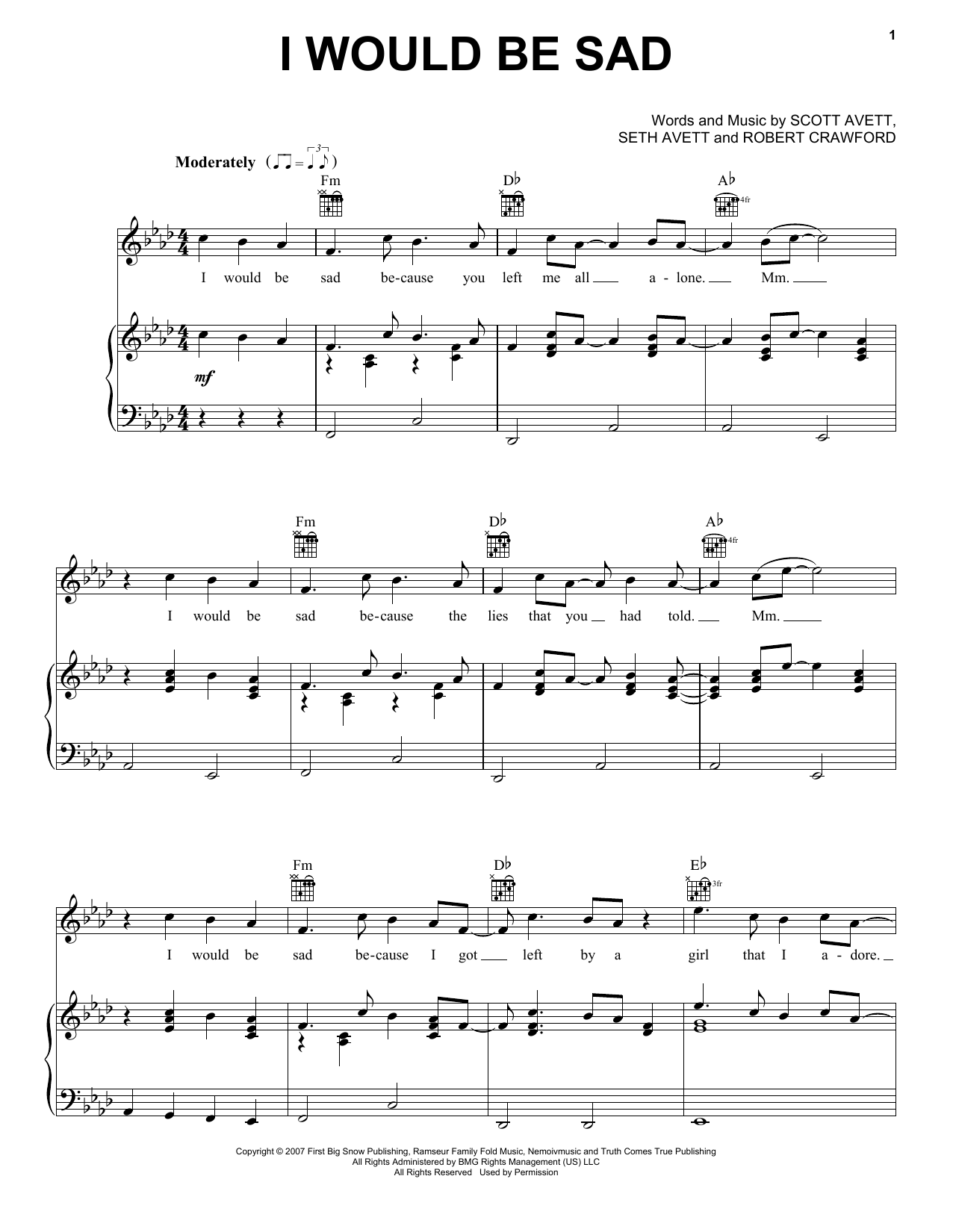 The Avett Brothers I Would Be Sad Sheet Music Notes & Chords for Piano, Vocal & Guitar (Right-Hand Melody) - Download or Print PDF