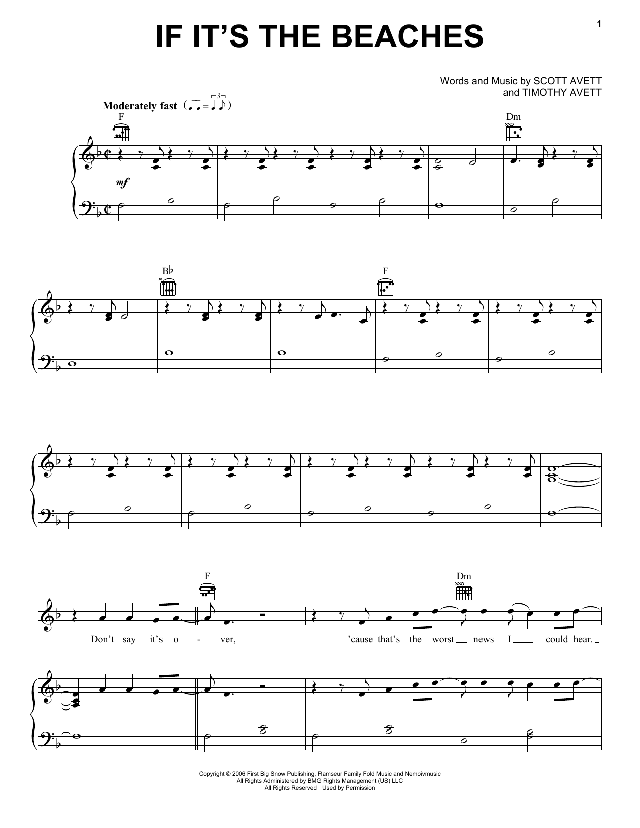 The Avett Brothers If It's The Beaches Sheet Music Notes & Chords for Piano, Vocal & Guitar (Right-Hand Melody) - Download or Print PDF