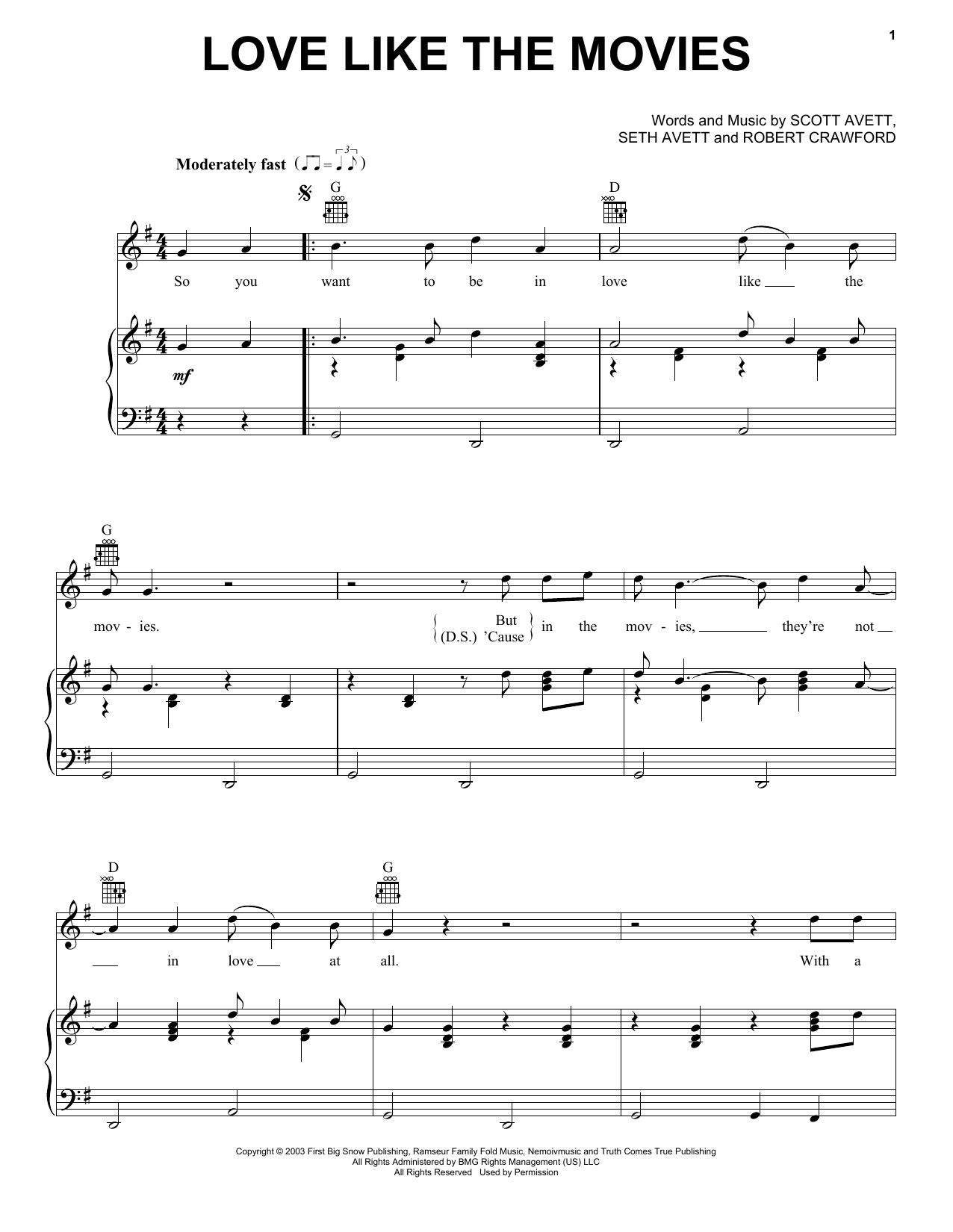 The Avett Brothers Love Like The Movies Sheet Music Notes & Chords for Piano, Vocal & Guitar (Right-Hand Melody) - Download or Print PDF