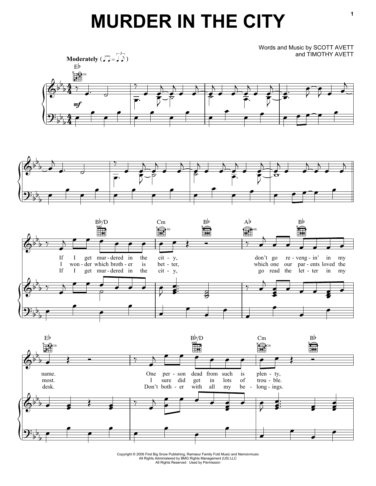 The Avett Brothers Murder In The City Sheet Music Notes & Chords for Piano, Vocal & Guitar (Right-Hand Melody) - Download or Print PDF