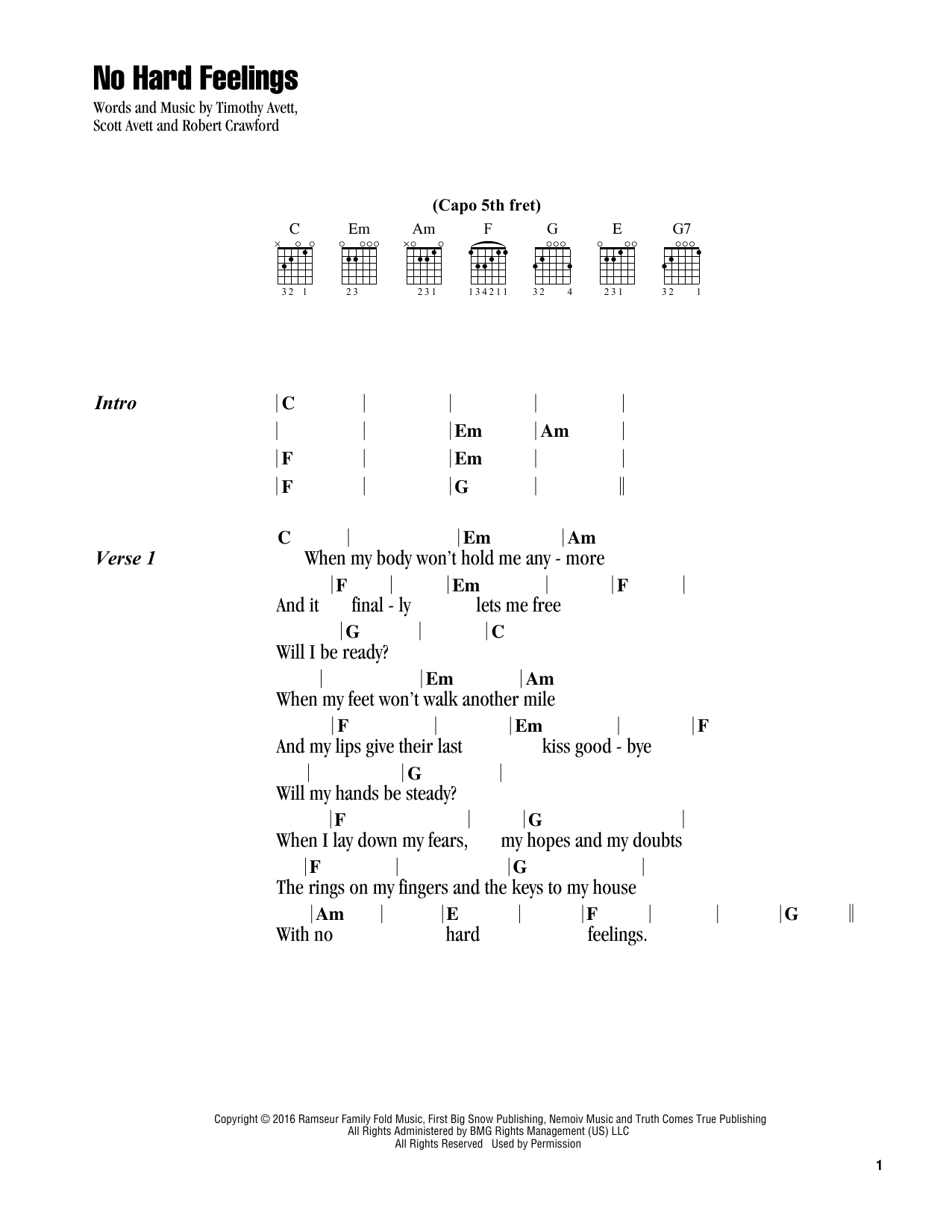 The Avett Brothers No Hard Feelings Sheet Music Notes & Chords for Lyrics & Chords - Download or Print PDF