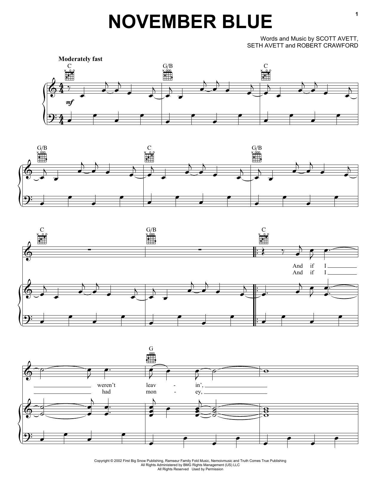 The Avett Brothers November Blue Sheet Music Notes & Chords for Piano, Vocal & Guitar (Right-Hand Melody) - Download or Print PDF