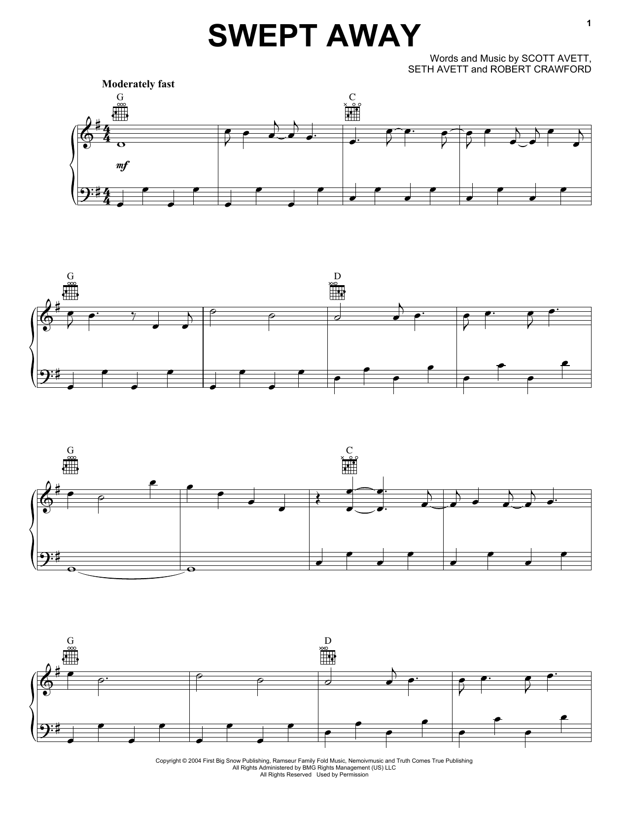 The Avett Brothers Swept Away Sheet Music Notes & Chords for Piano, Vocal & Guitar (Right-Hand Melody) - Download or Print PDF
