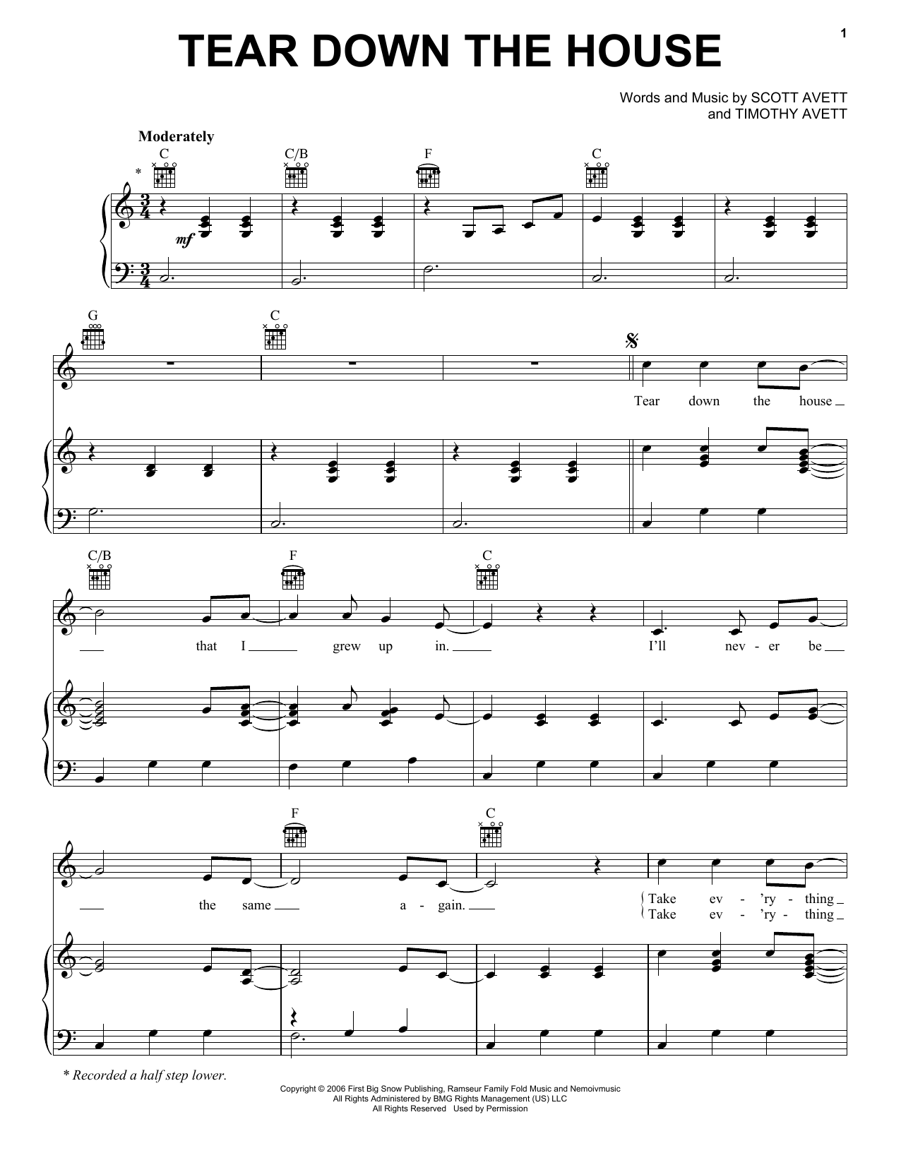 The Avett Brothers Tear Down The House Sheet Music Notes & Chords for Piano, Vocal & Guitar (Right-Hand Melody) - Download or Print PDF