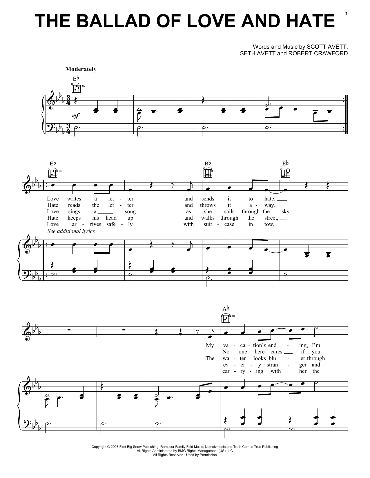 The Avett Brothers The Ballad Of Love And Hate Sheet Music Notes & Chords for Piano, Vocal & Guitar (Right-Hand Melody) - Download or Print PDF