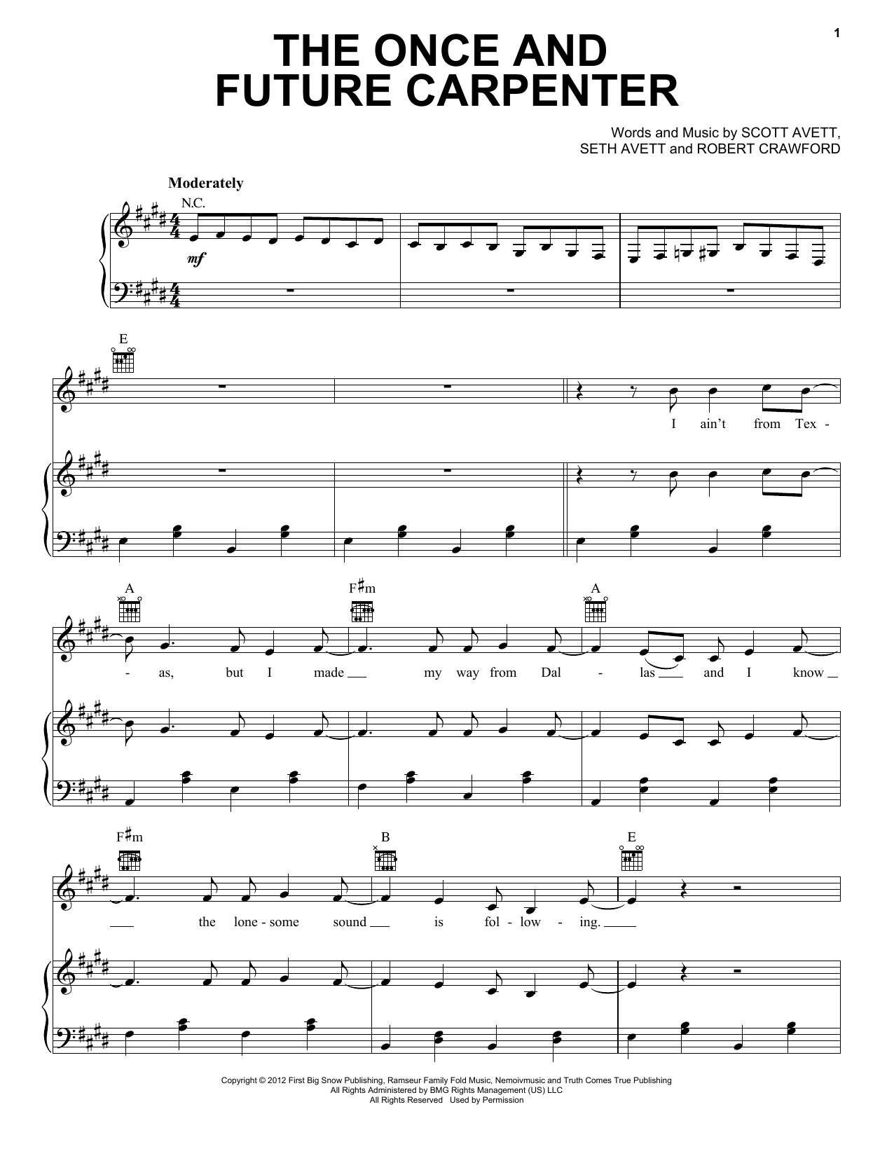 The Avett Brothers The Once And Future Carpenter Sheet Music Notes & Chords for Piano, Vocal & Guitar (Right-Hand Melody) - Download or Print PDF
