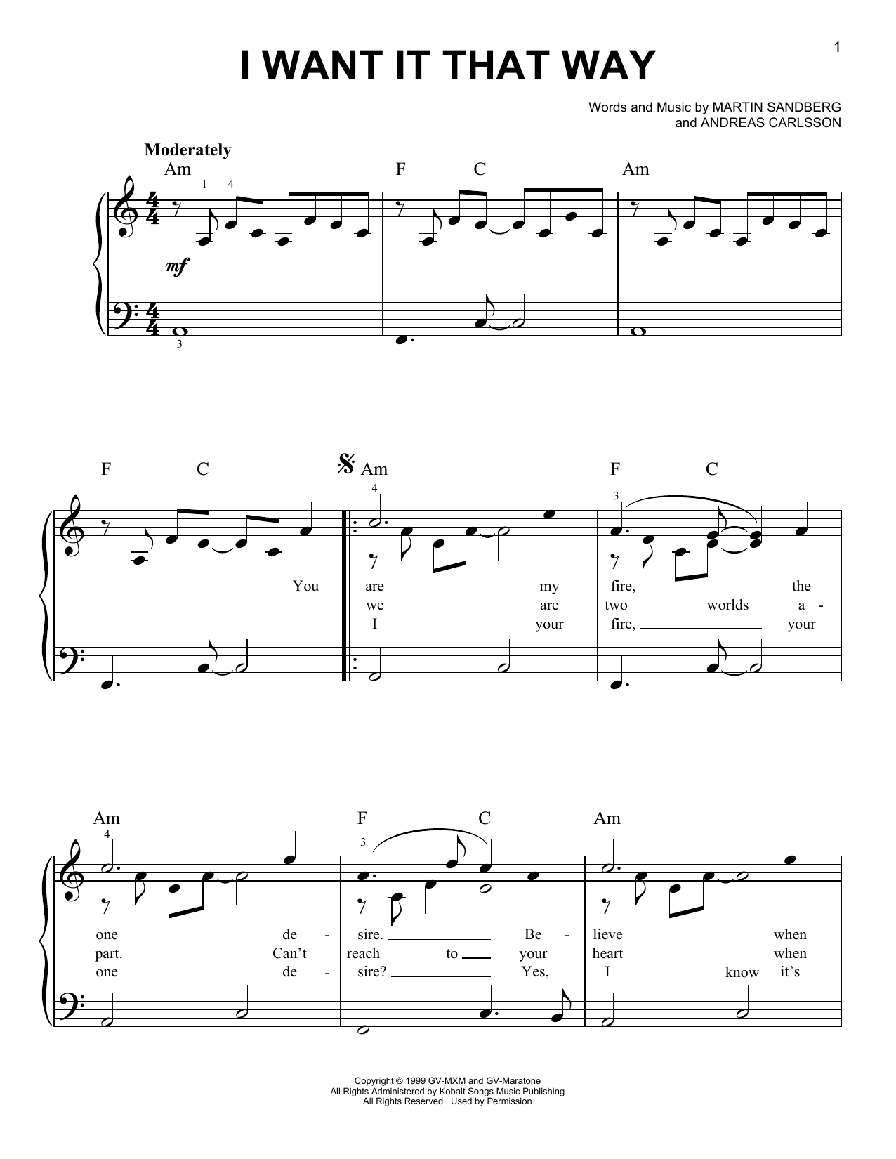 Backstreet Boys I Want It That Way Sheet Music Notes & Chords for Easy Guitar - Download or Print PDF