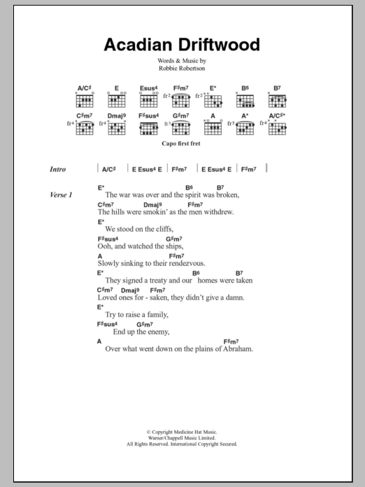 The Band Acadian Driftwood Sheet Music Notes & Chords for Lyrics & Chords - Download or Print PDF