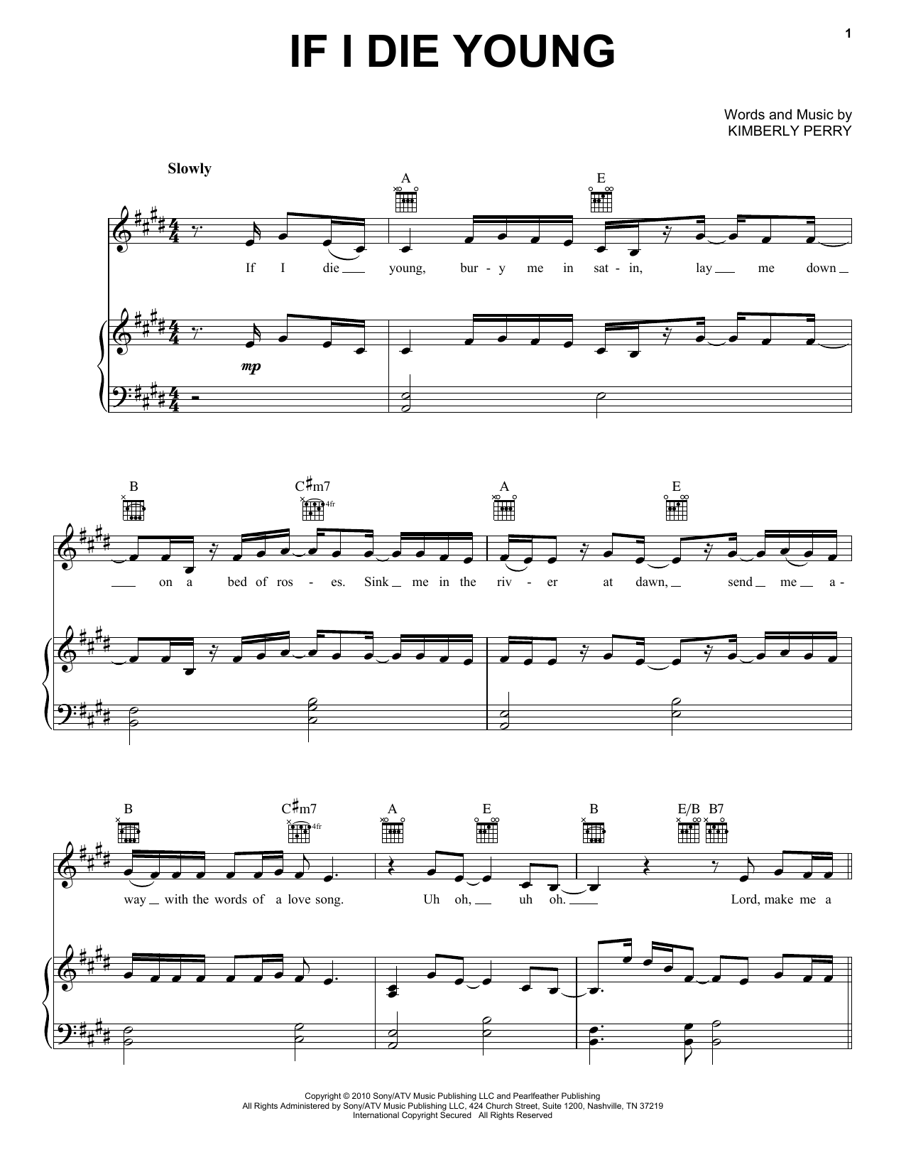 The Band Perry If I Die Young Sheet Music Notes & Chords for Lyrics & Chords - Download or Print PDF