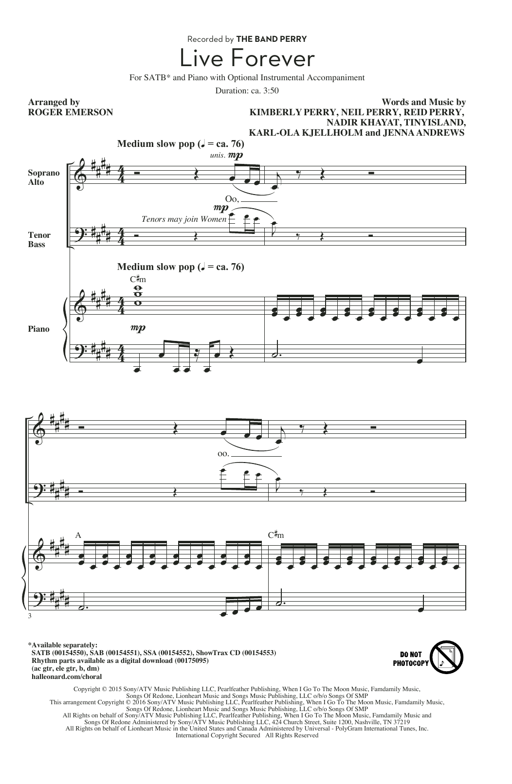 The Band Perry Live Forever (arr. Roger Emerson) Sheet Music Notes & Chords for SSA - Download or Print PDF