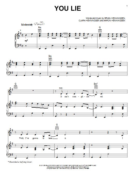 The Band Perry You Lie Sheet Music Notes & Chords for Piano, Vocal & Guitar (Right-Hand Melody) - Download or Print PDF