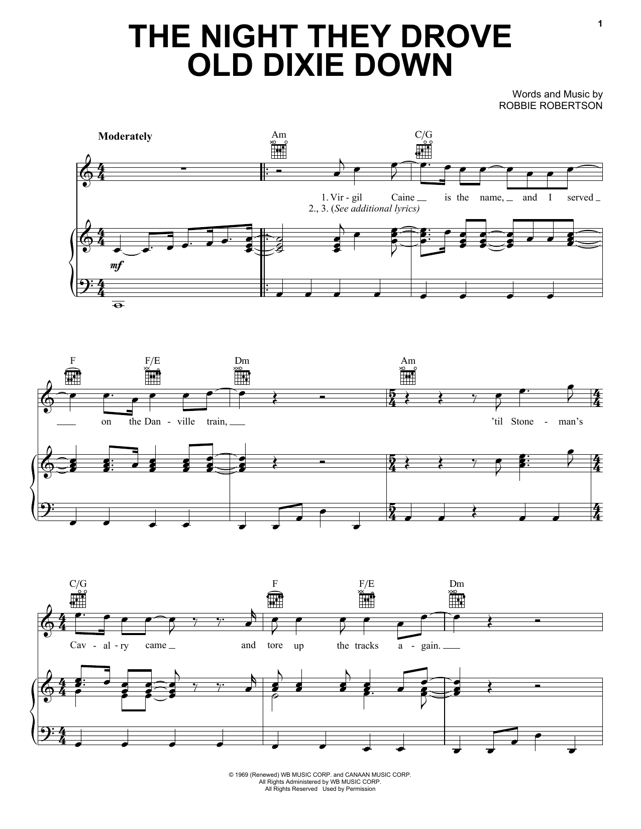 The Band The Night They Drove Old Dixie Down Sheet Music Notes & Chords for Piano, Vocal & Guitar (Right-Hand Melody) - Download or Print PDF