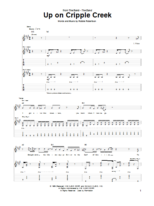 The Band Up On Cripple Creek Sheet Music Notes & Chords for Guitar Tab - Download or Print PDF
