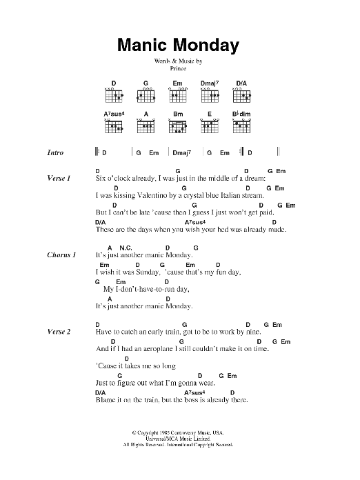 The Bangles Manic Monday Sheet Music Notes & Chords for Lyrics & Chords - Download or Print PDF