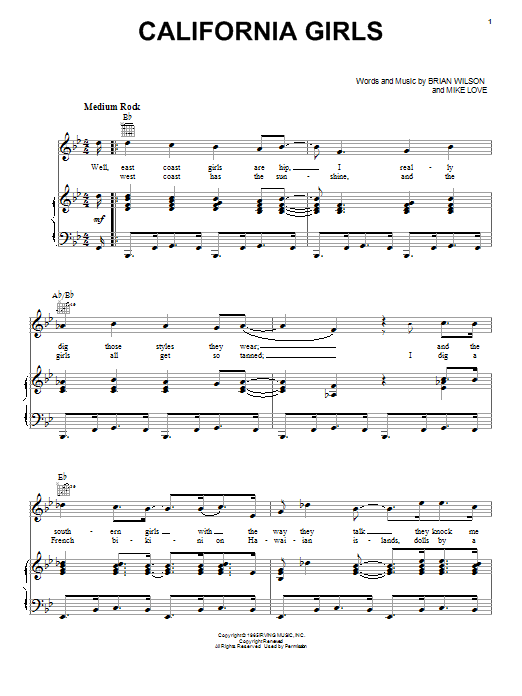 The Beach Boys California Girls sheet music notes and chords. Download Printable PDF.