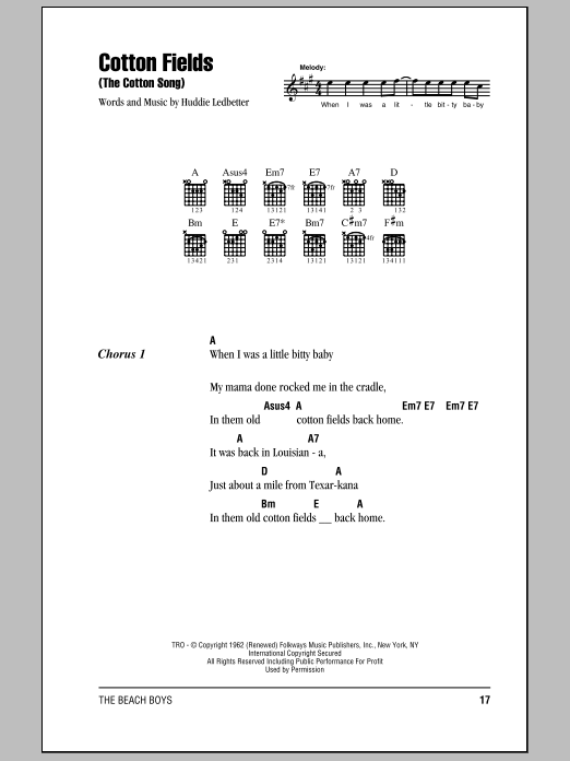 The Beach Boys Cotton Fields (The Cotton Song) Sheet Music Notes & Chords for Lyrics & Chords - Download or Print PDF