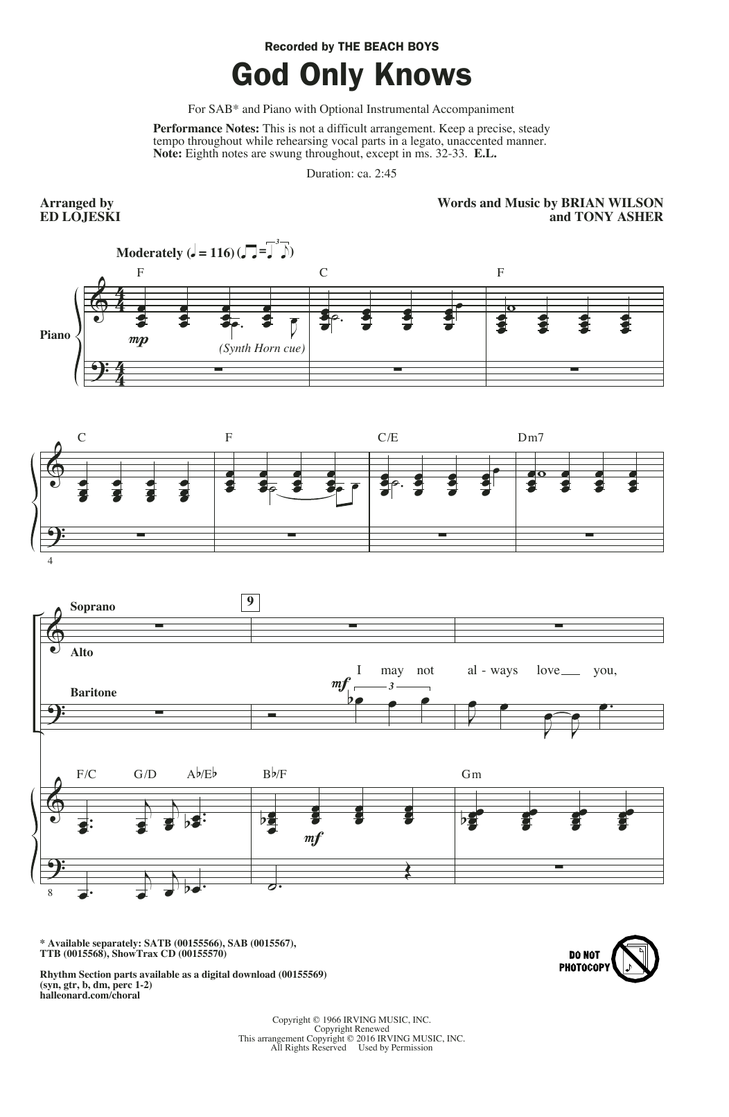 Ed Lojeski God Only Knows Sheet Music Notes & Chords for SAB - Download or Print PDF
