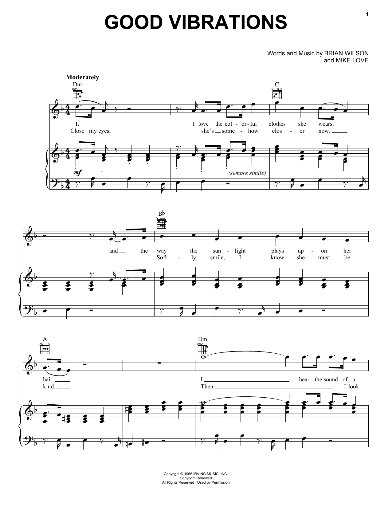 The Beach Boys Good Vibrations Sheet Music Notes & Chords for Piano, Vocal & Guitar - Download or Print PDF