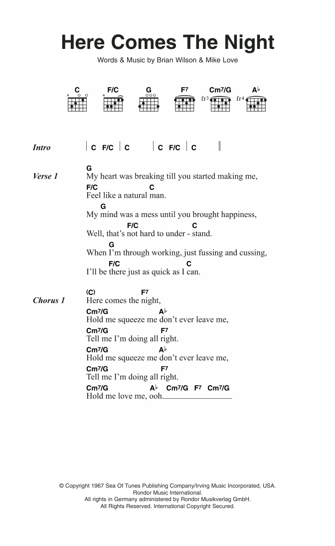 The Beach Boys Here Comes The Night Sheet Music Notes & Chords for Lyrics & Chords - Download or Print PDF